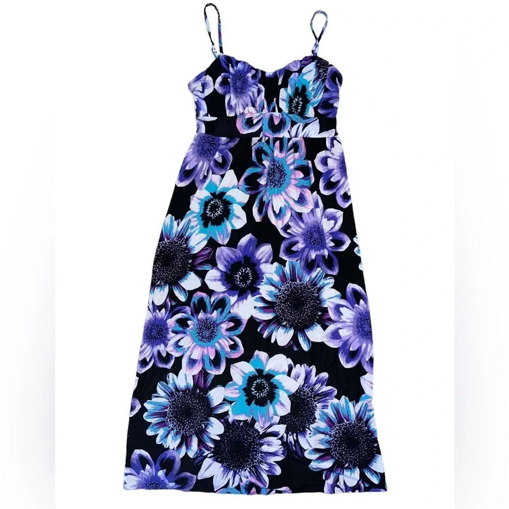 Elle Floral Midi Dress Black Purple Size Medium Bohemian Summer Travel Colorful